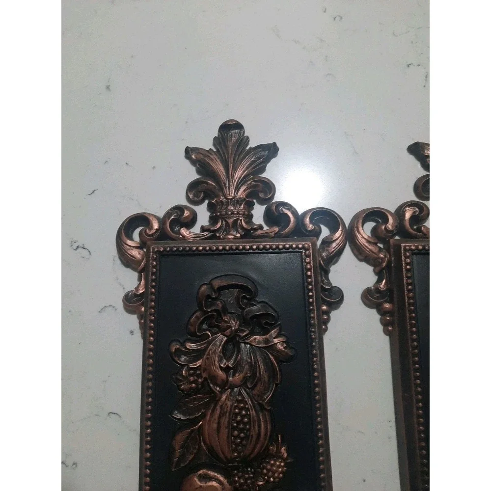 Syroco Wall Plaques Vintage 1970 MCM 2 Black - Bronze Flowers & Fruits 7221 7222